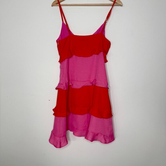 MICAS | Color Block Ruffle V-Neck Mini Two Tone Pink and Orange Dress - S - Picture 3 of 7